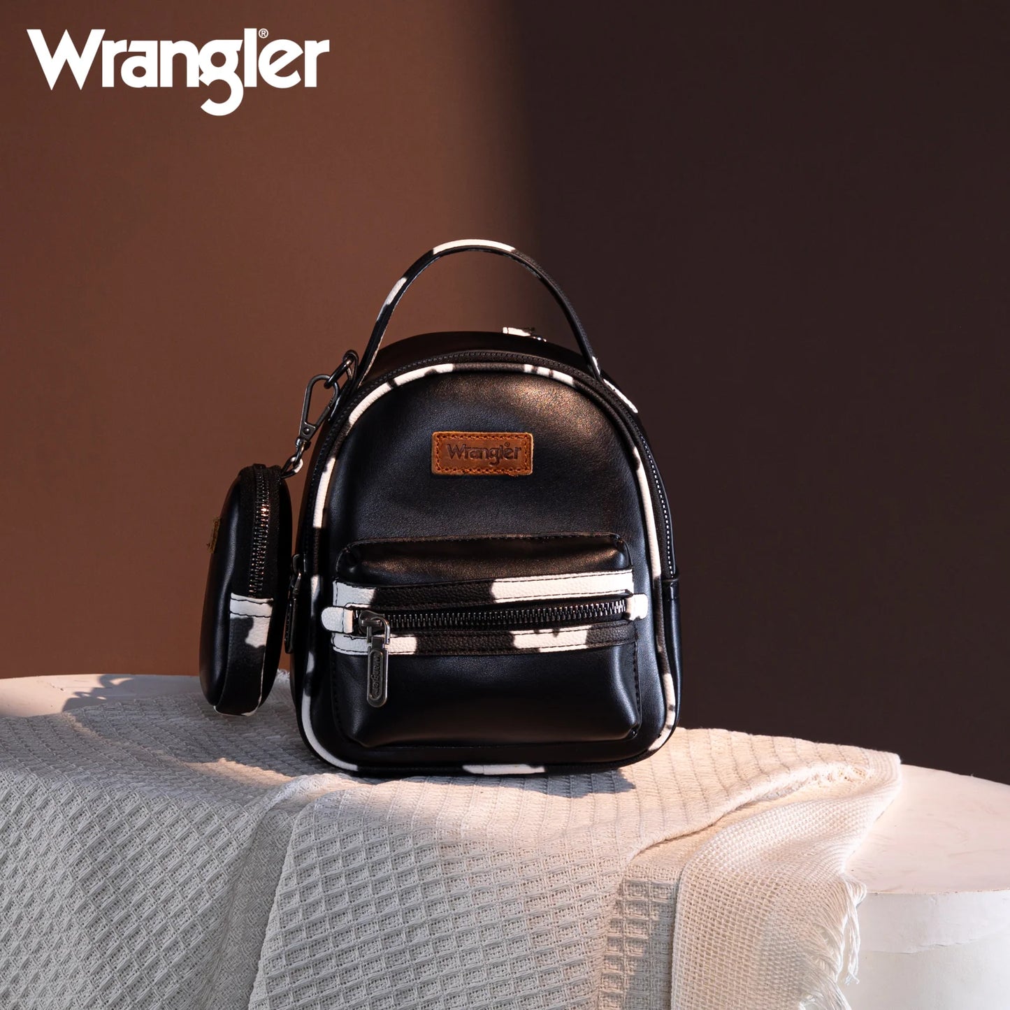 Wrangler Western Cowgirl Cow Print Mini Backpack With Coin Pouch Black