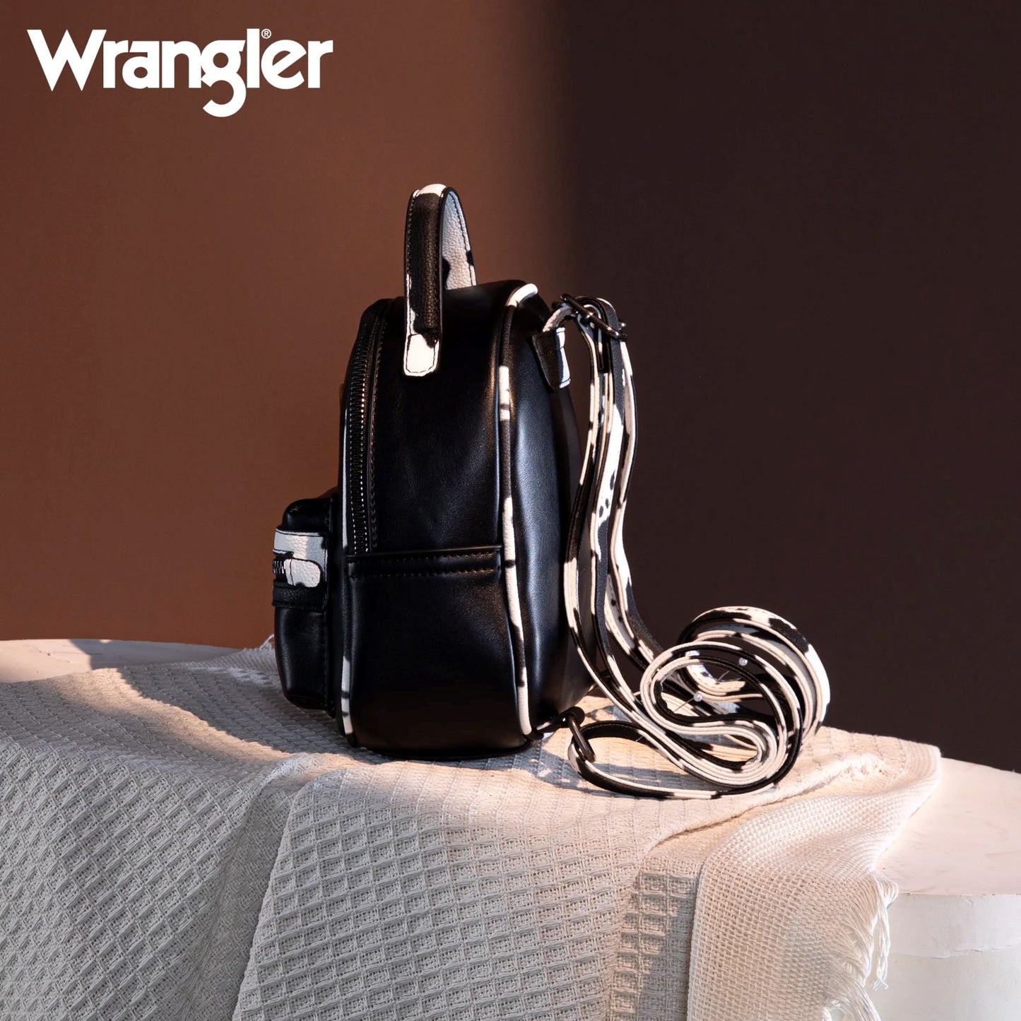 Wrangler Western Cowgirl Cow Print Mini Backpack With Coin Pouch Black