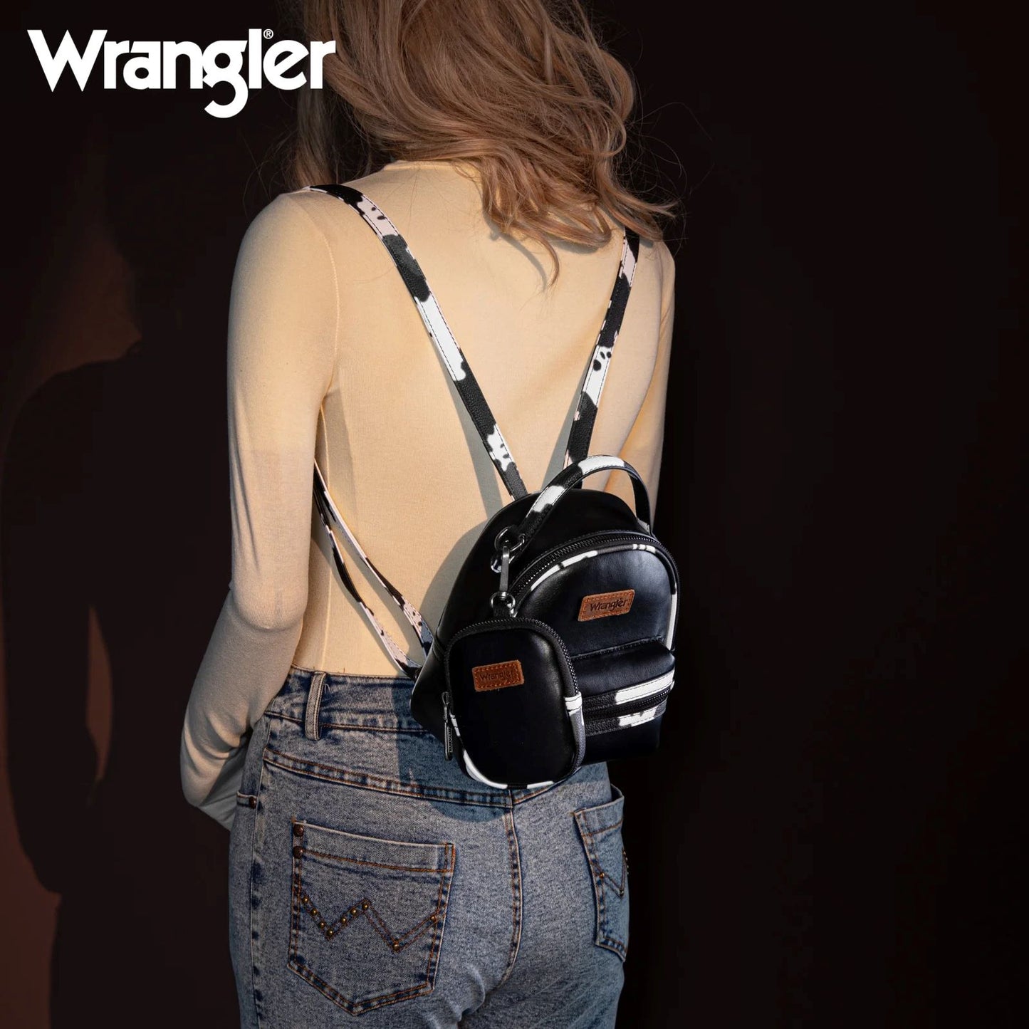 Wrangler Western Cowgirl Cow Print Mini Backpack With Coin Pouch Black