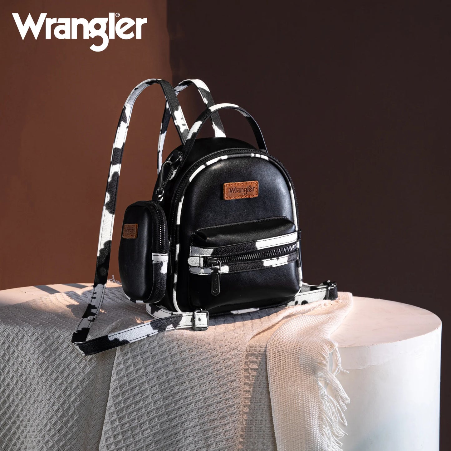 Wrangler Western Cowgirl Cow Print Mini Backpack With Coin Pouch Black