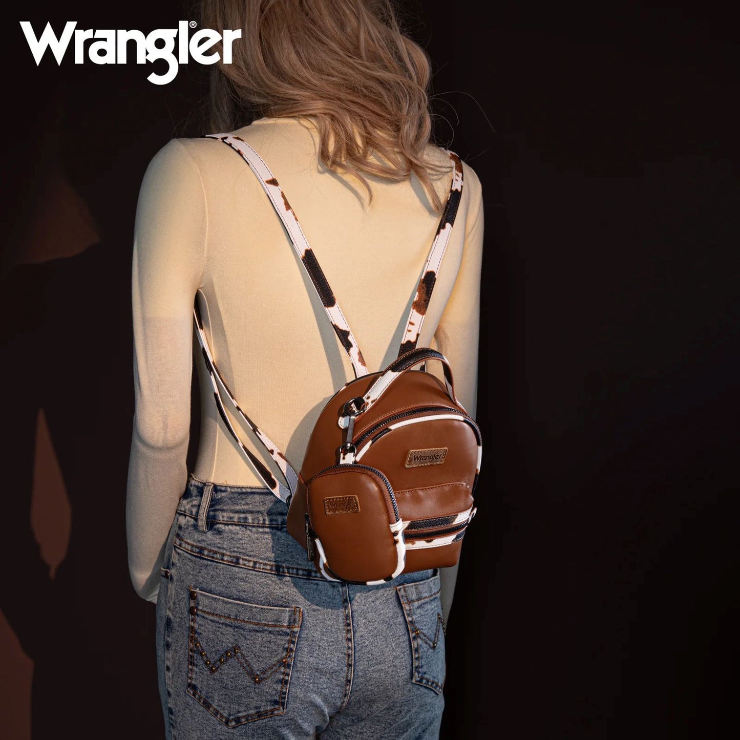 Wrangler Western Cowgirl Cow Print Mini Backpack With Coin Pouch Brown