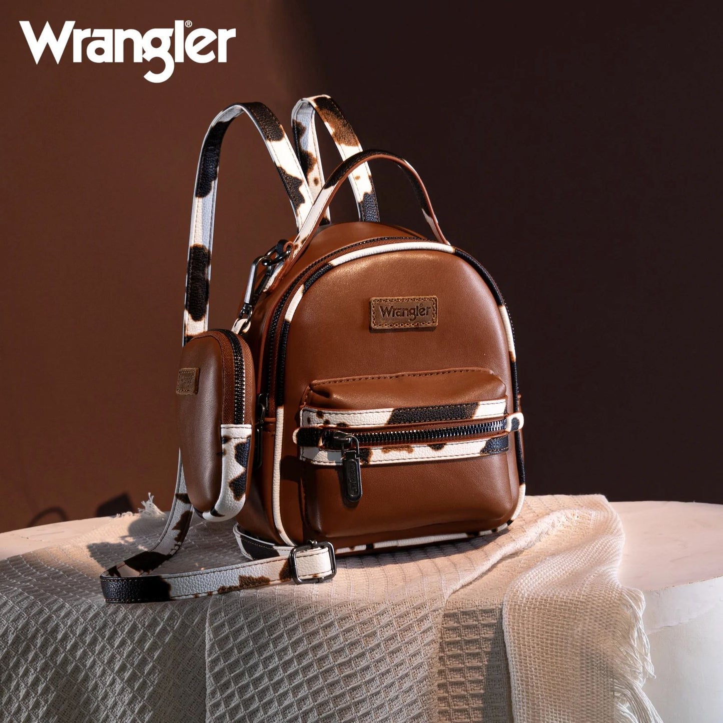 Wrangler Western Cowgirl Cow Print Mini Backpack With Coin Pouch Brown