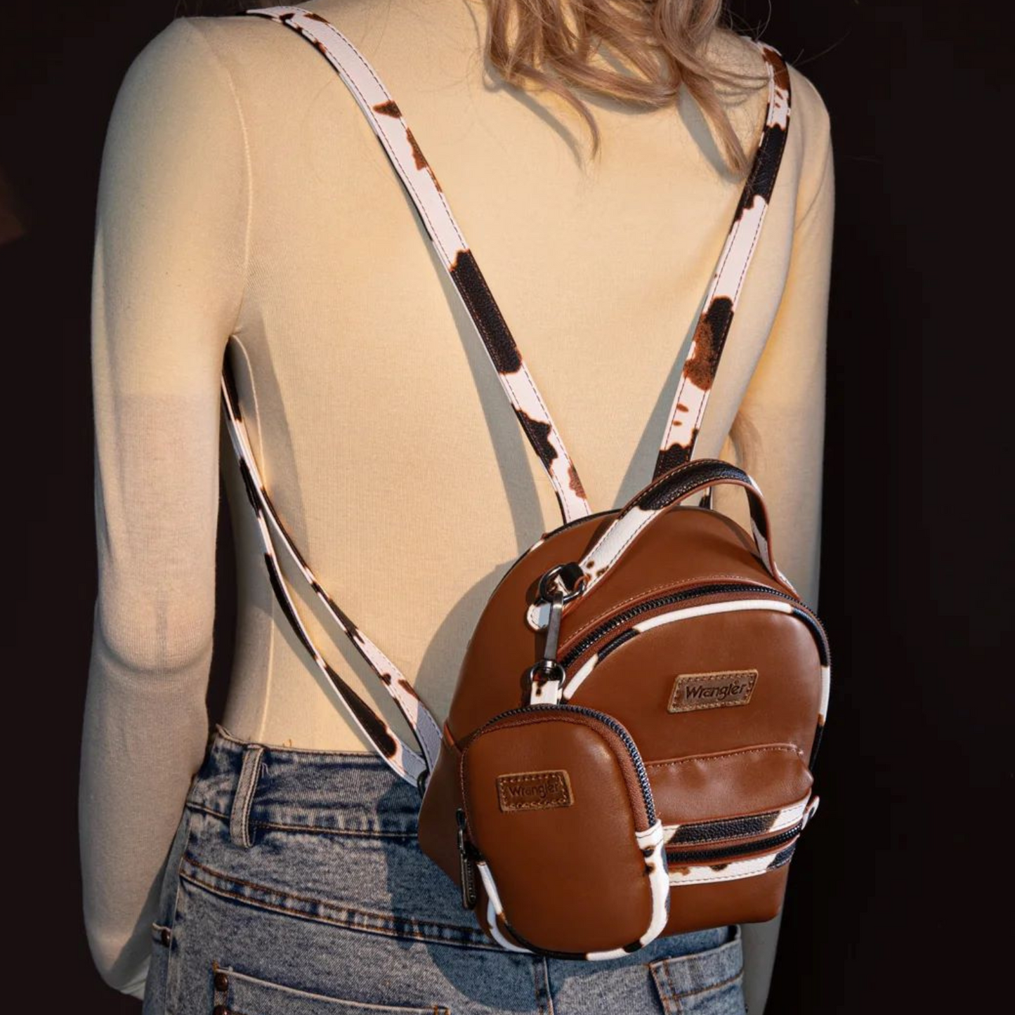 Wrangler Western Cowgirl Cow Print Mini Backpack With Coin Pouch Brown