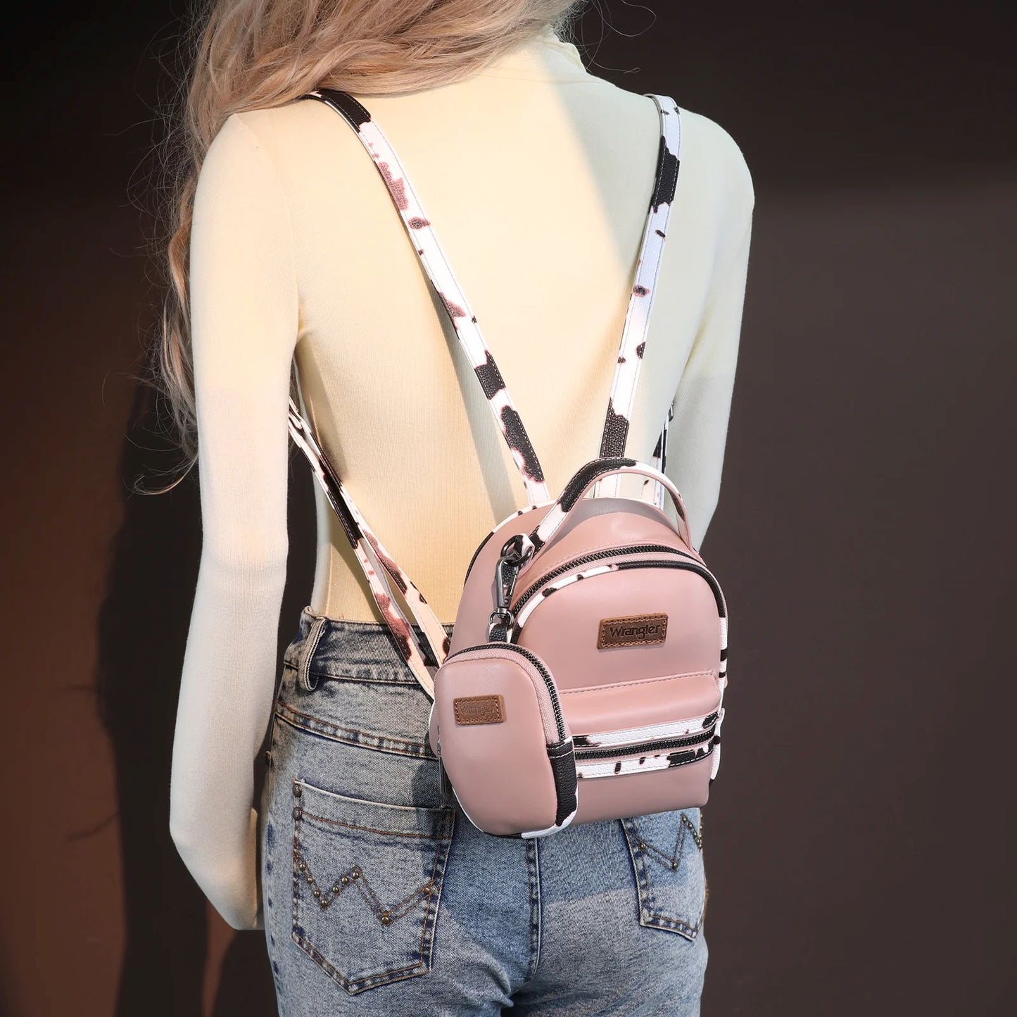 Wrangler Western Cowgirl Cow Print Mini Backpack With Coin Pouch Pink