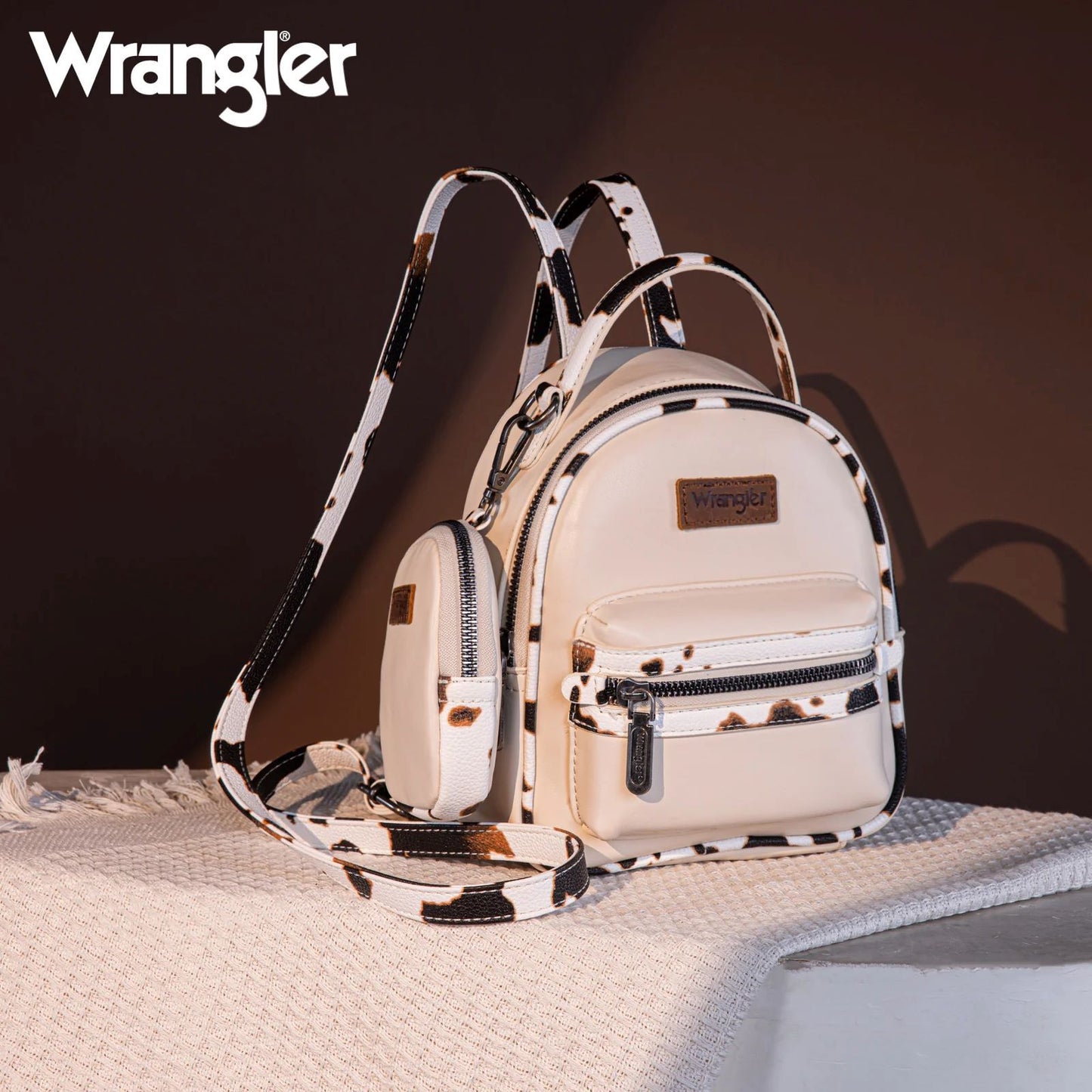 Wrangler Western Cowgirl Cow Print Mini Backpack With Coin Pouch Turquoise Tan
