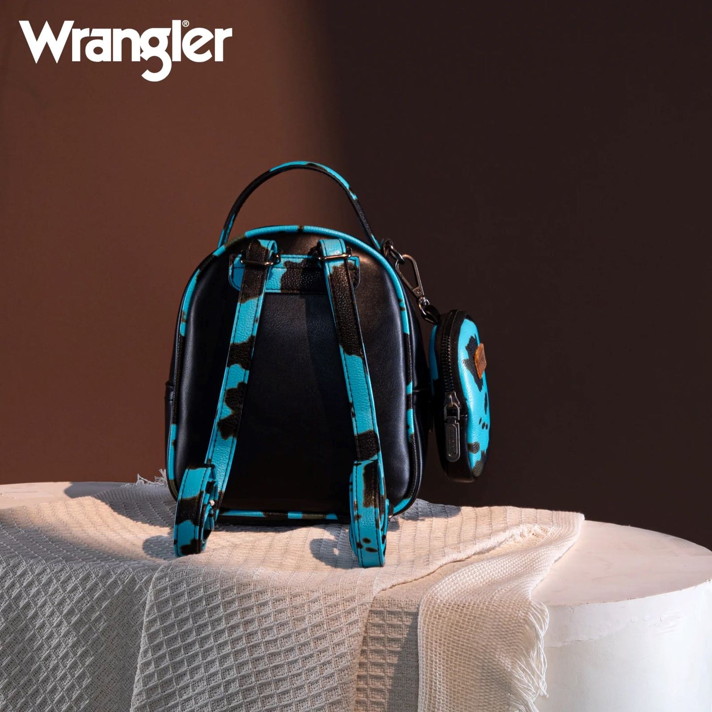 Wrangler Western Cowgirl Cow Print Mini Backpack With Coin Pouch Turquoise
