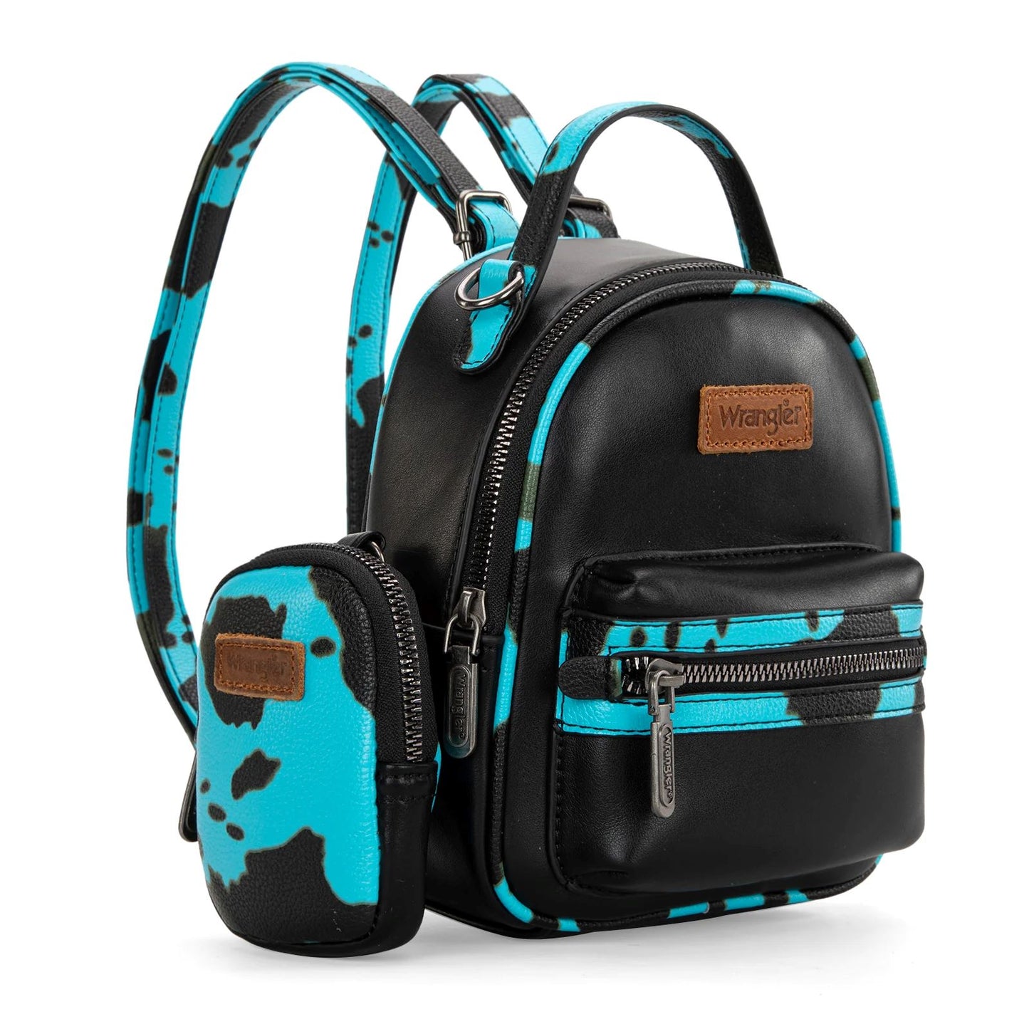Wrangler Western Cowgirl Cow Print Mini Backpack With Coin Pouch Turquoise