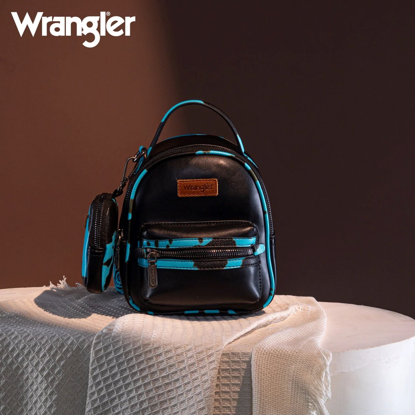 Wrangler Western Cowgirl Cow Print Mini Backpack With Coin Pouch Turquoise