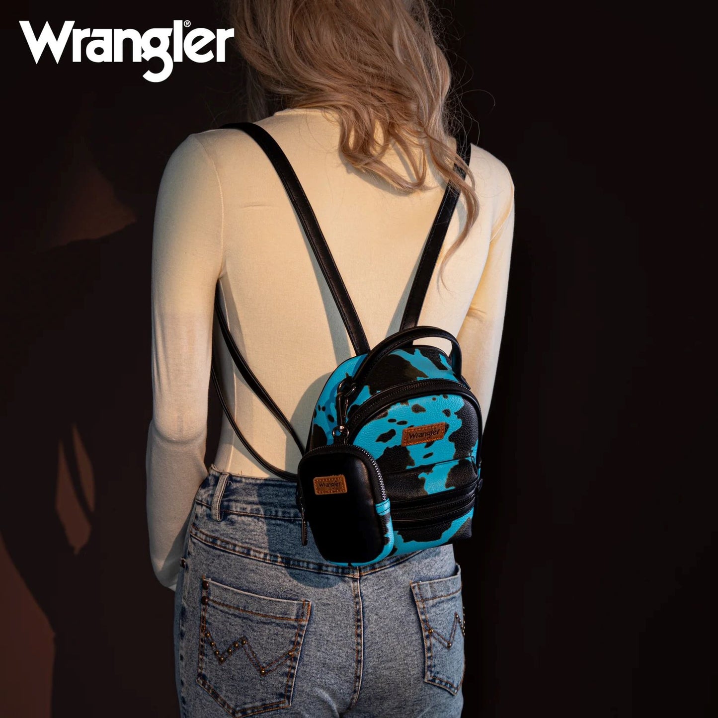 Wrangler Western Cowgirl Cow Print Mini Backpack With Coin Pouch Turquoise