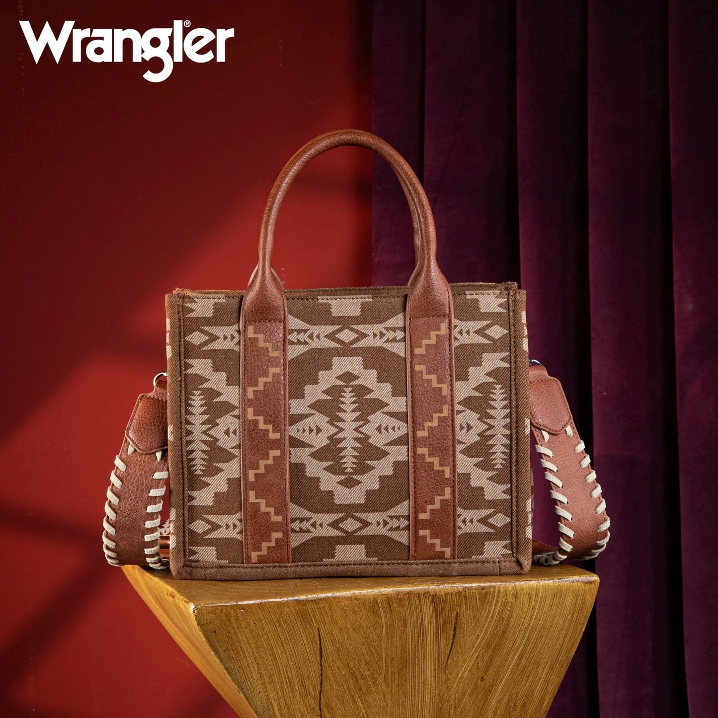 Wrangler Ladies Southwestern Print Small Canvas Tote Crossbody Brown WG2212-8120BR-1