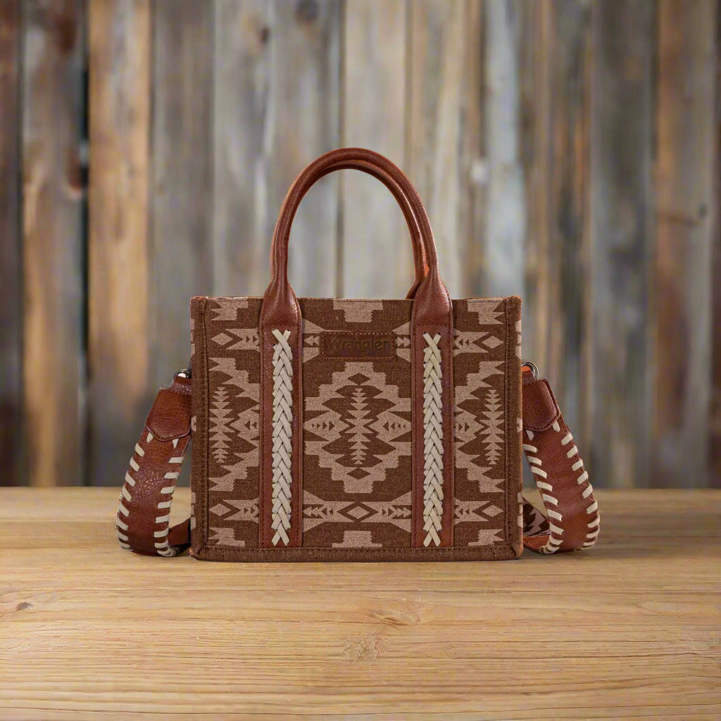 Wrangler Ladies Southwestern Print Small Canvas Tote Crossbody Brown WG2212-8120BR