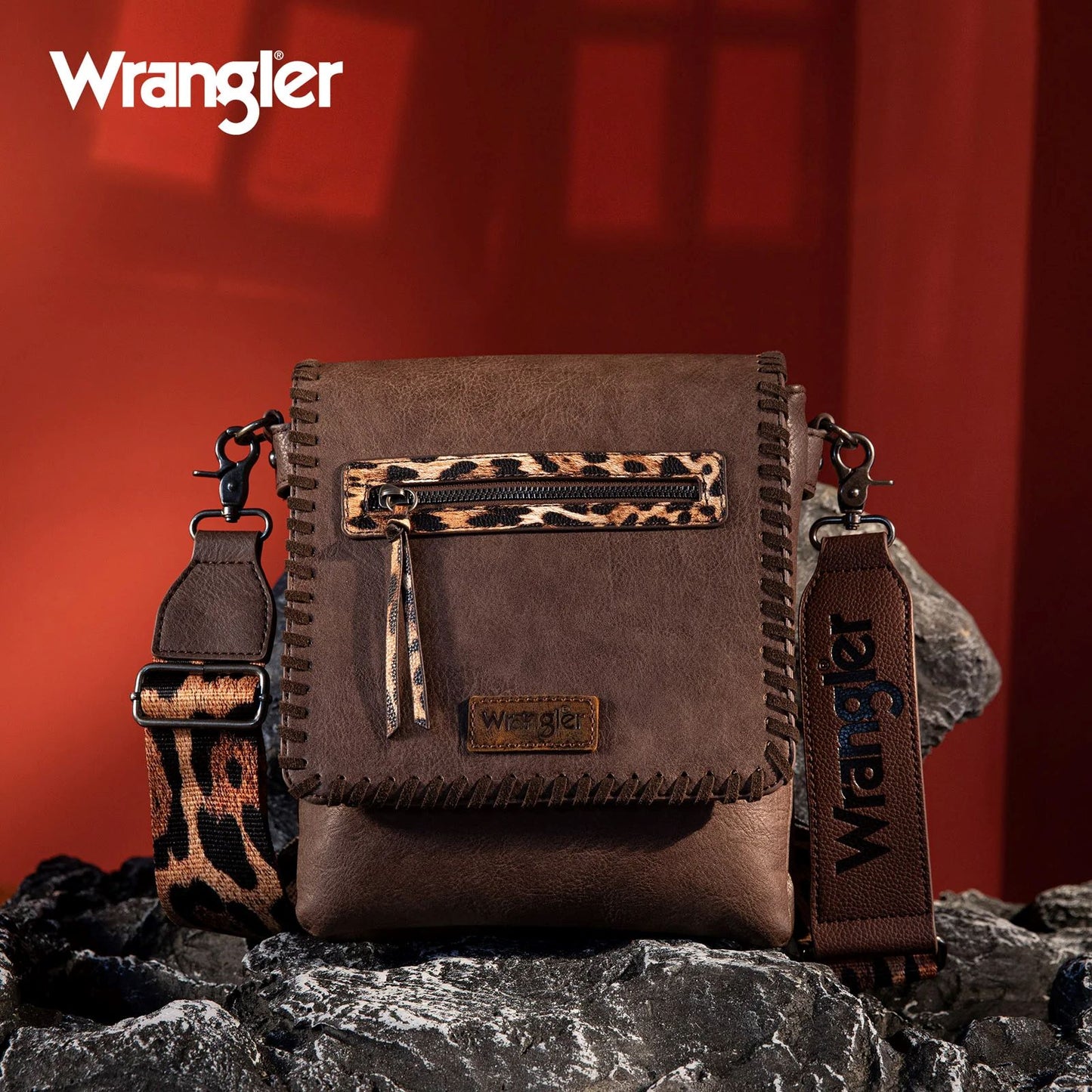 Wrangler Whipstitch Leopard Print Concealed Carry Western Crossbody Coffee