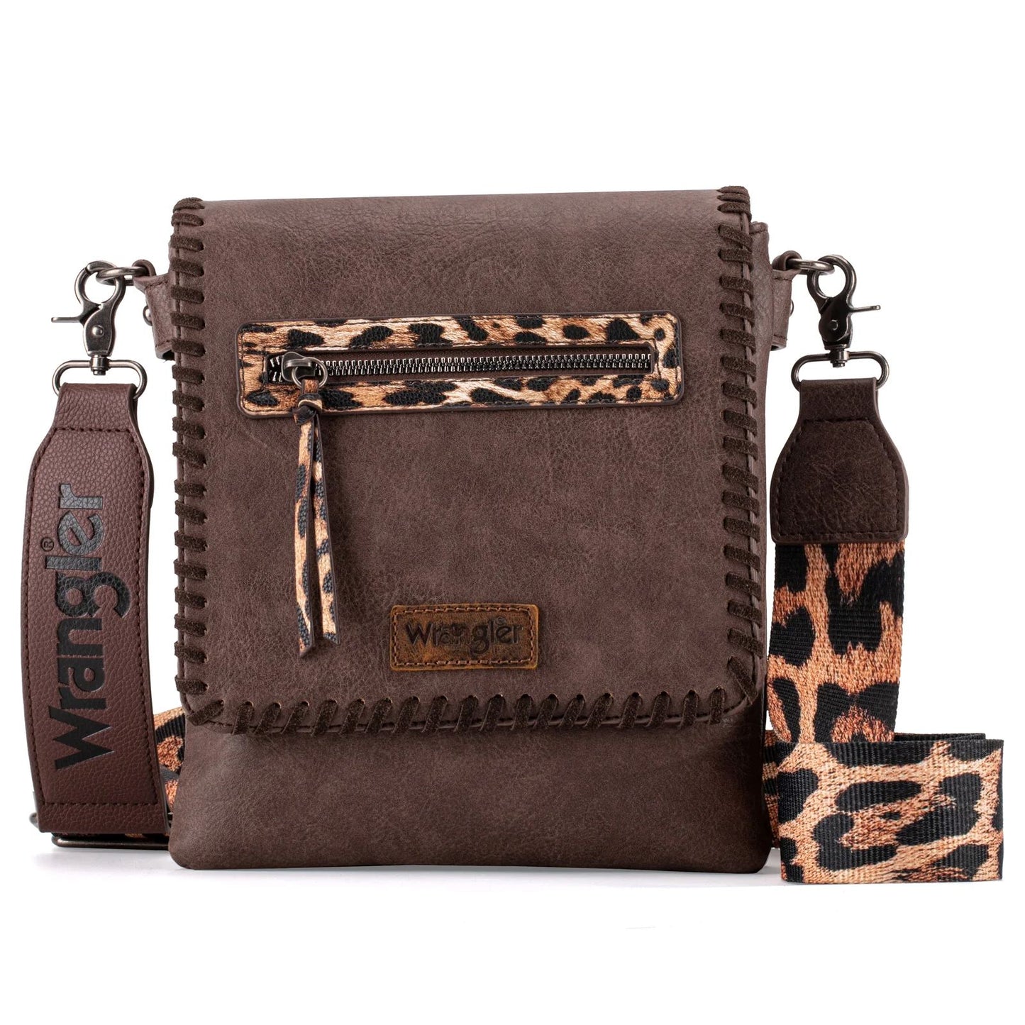 Wrangler Whipstitch Leopard Print Concealed Carry Western Crossbody Coffee