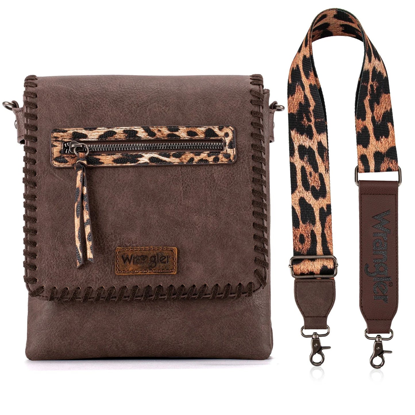 Wrangler Whipstitch Leopard Print Concealed Carry Western Crossbody Coffee