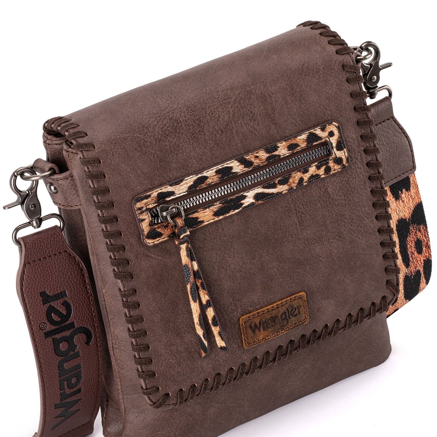 Wrangler Whipstitch Leopard Print Concealed Carry Western Crossbody Coffee