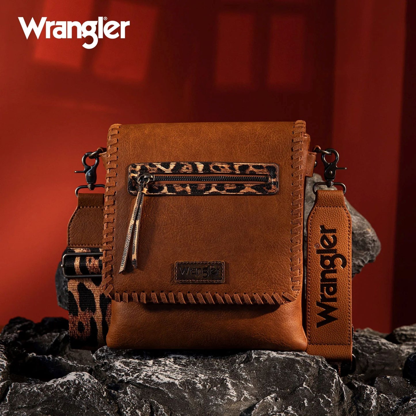 Wrangler Whipstitch Leopard Print Concealed Carry Western Crossbody Dark Brown