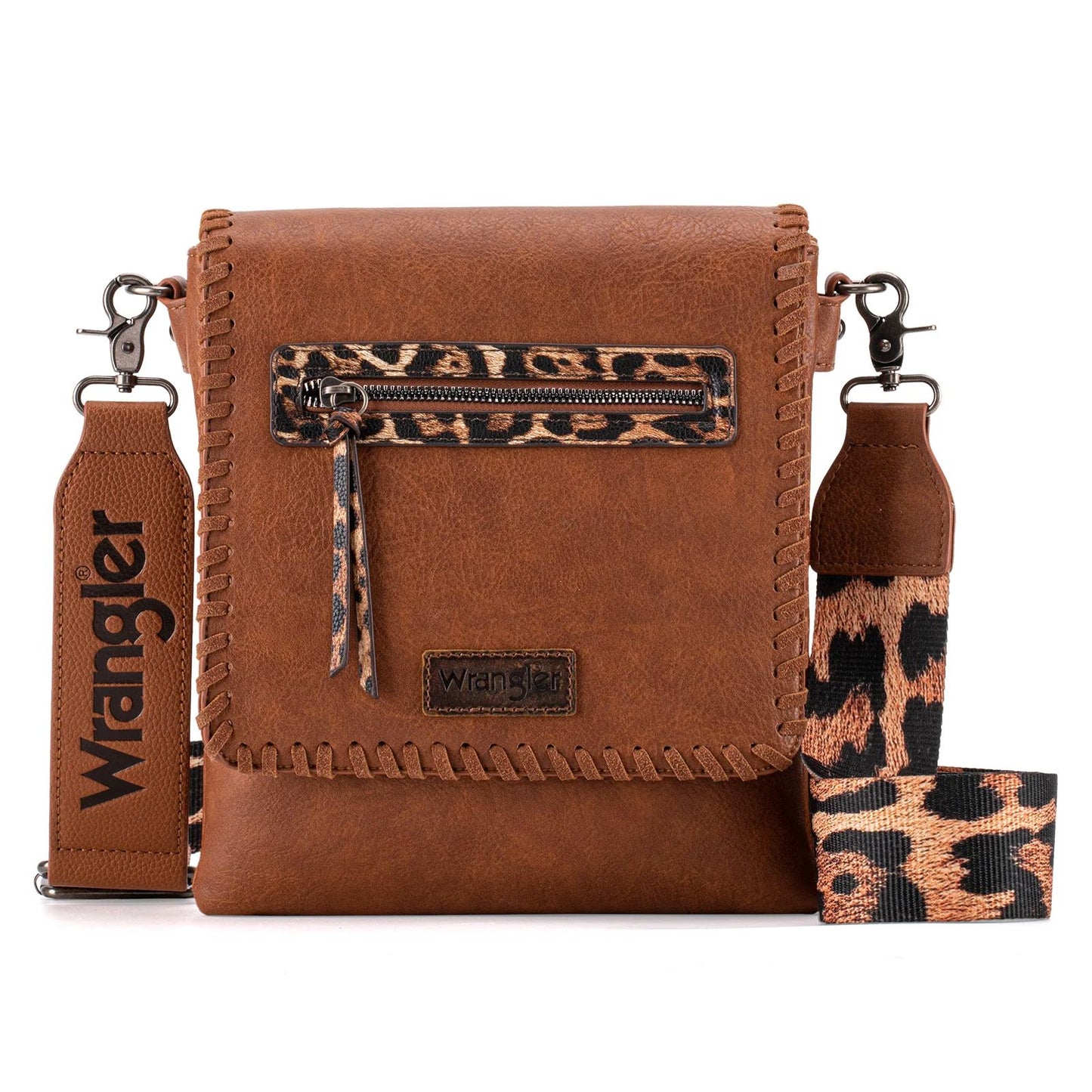 Wrangler Whipstitch Leopard Print Concealed Carry Western Crossbody Dark Brown