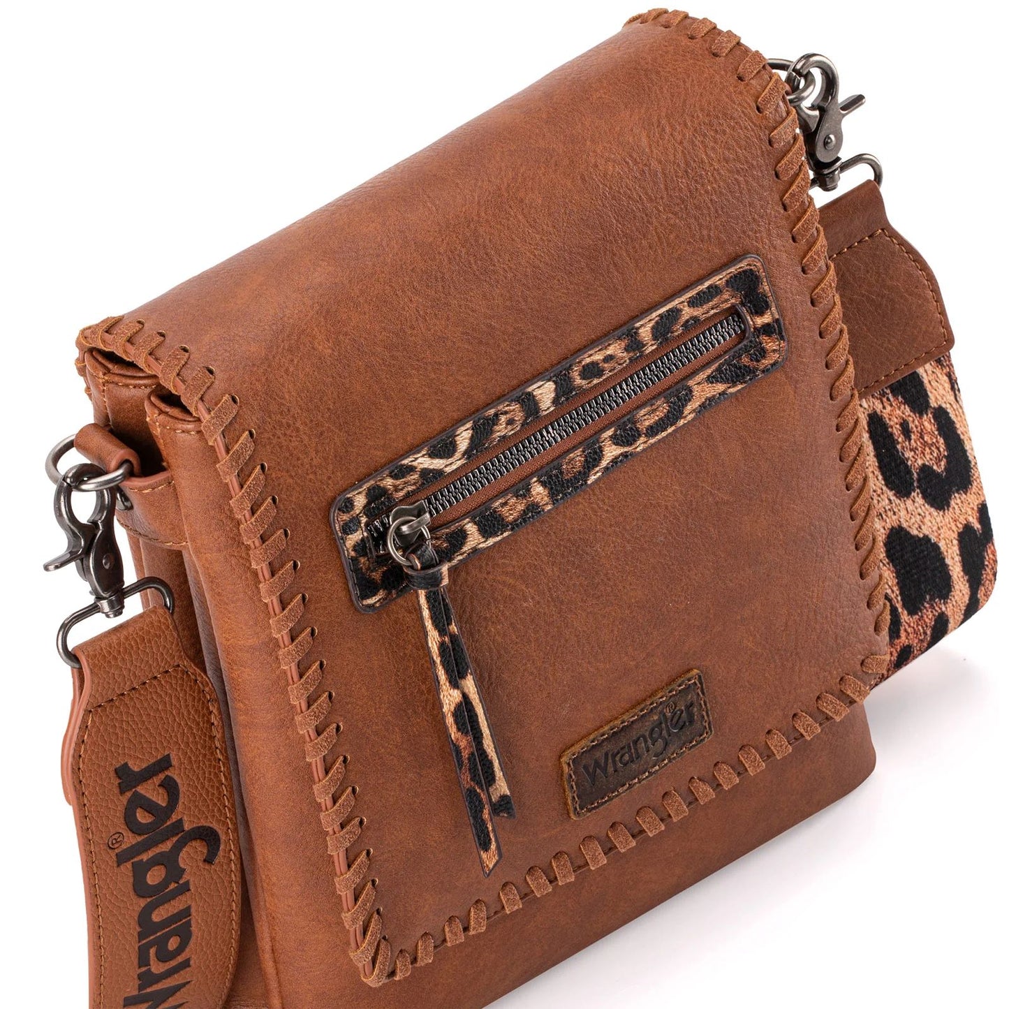 Wrangler Whipstitch Leopard Print Concealed Carry Western Crossbody Dark Brown