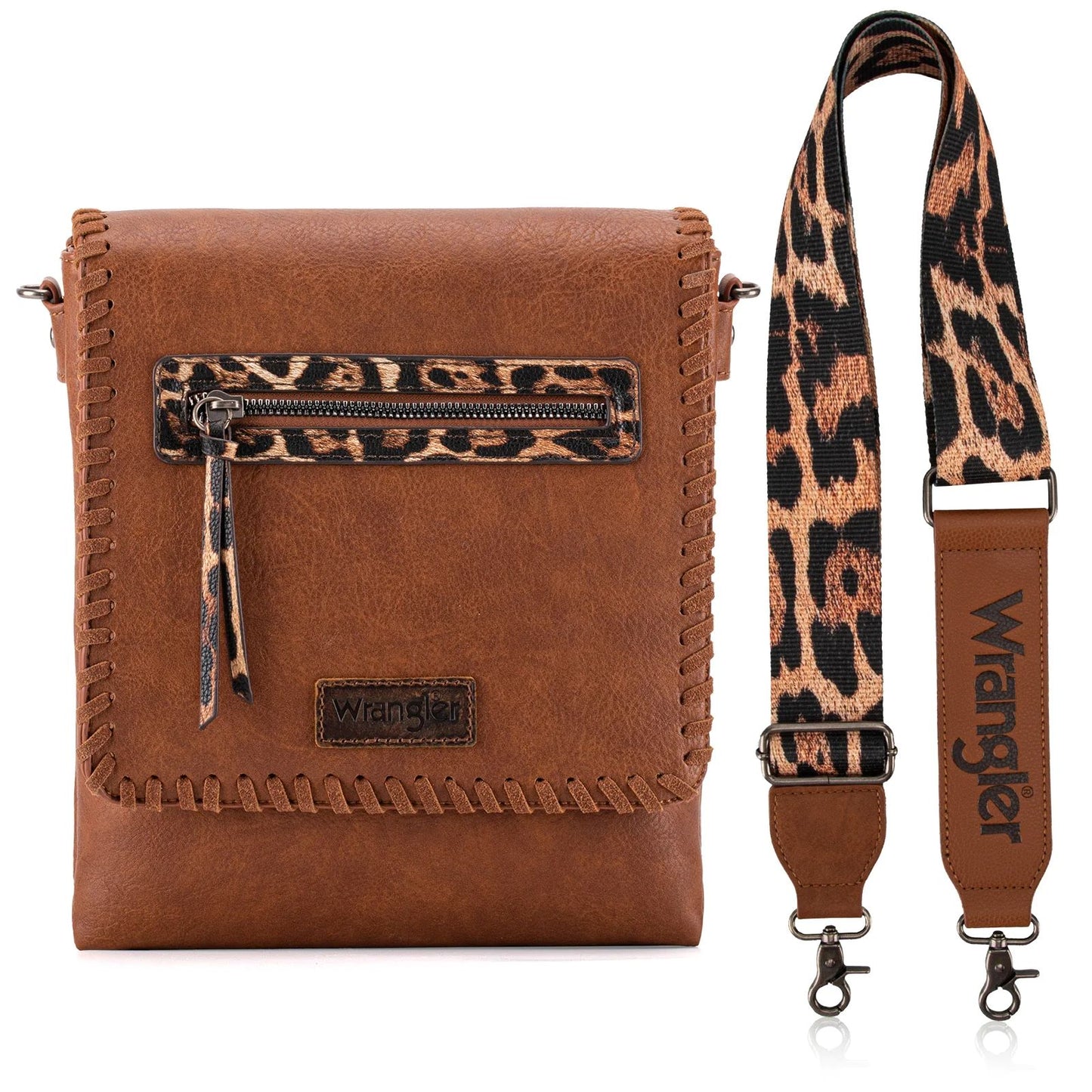 Wrangler Whipstitch Leopard Print Concealed Carry Western Crossbody Dark Brown