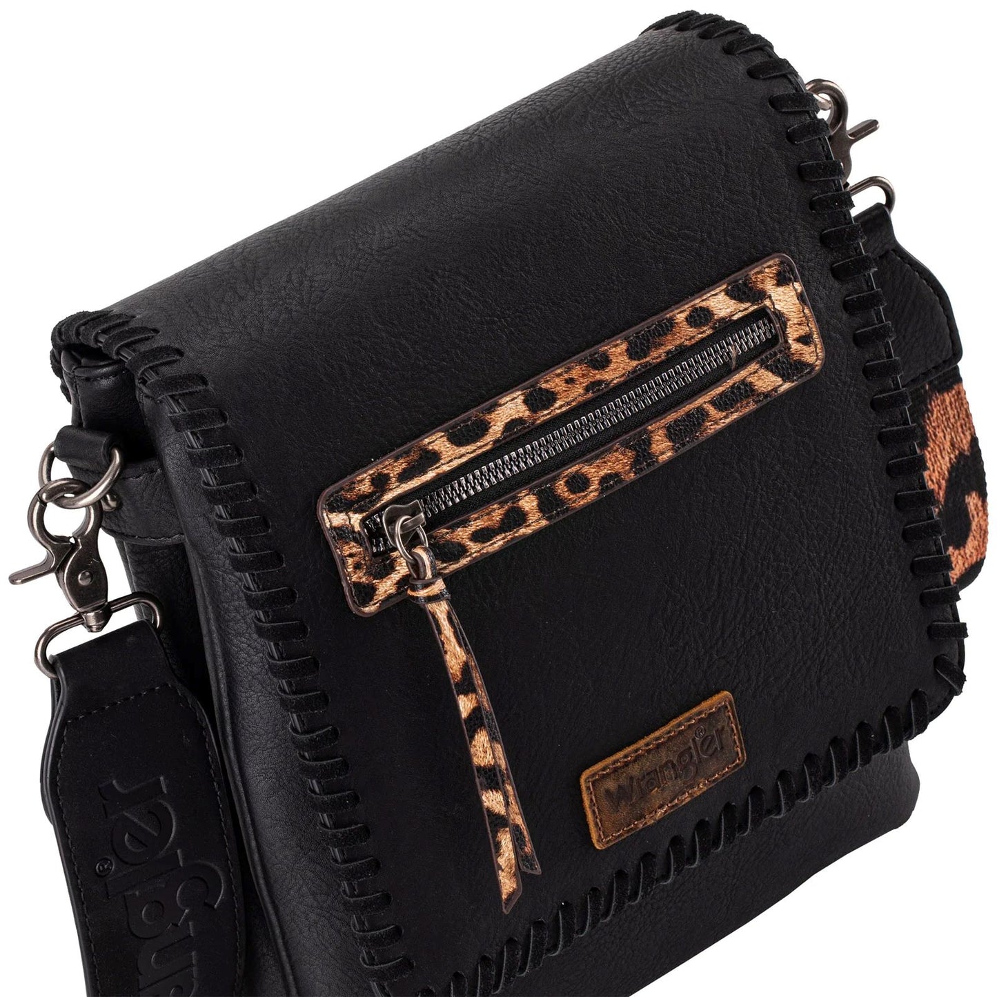 Wrangler Whipstitch Leopard Print Concealed Carry Western Crossbody Black