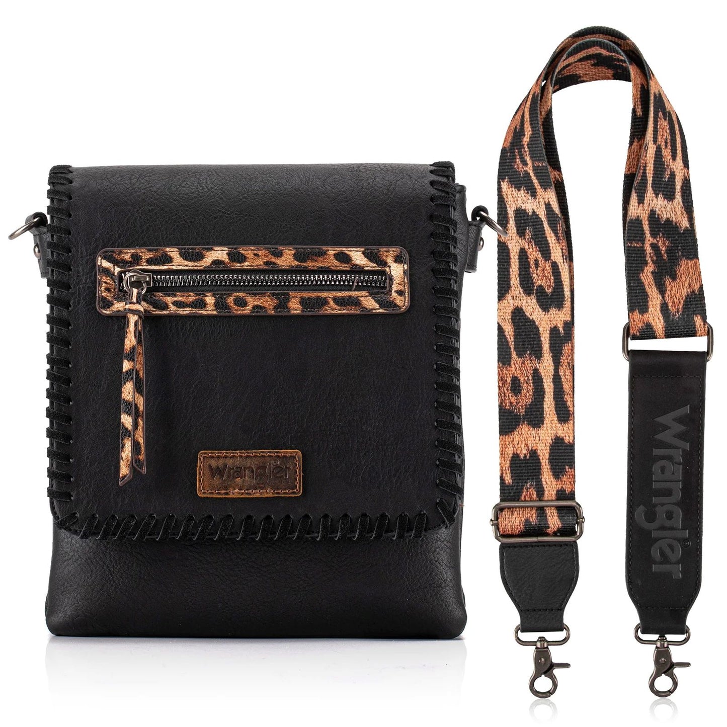 Wrangler Whipstitch Leopard Print Concealed Carry Western Crossbody Black