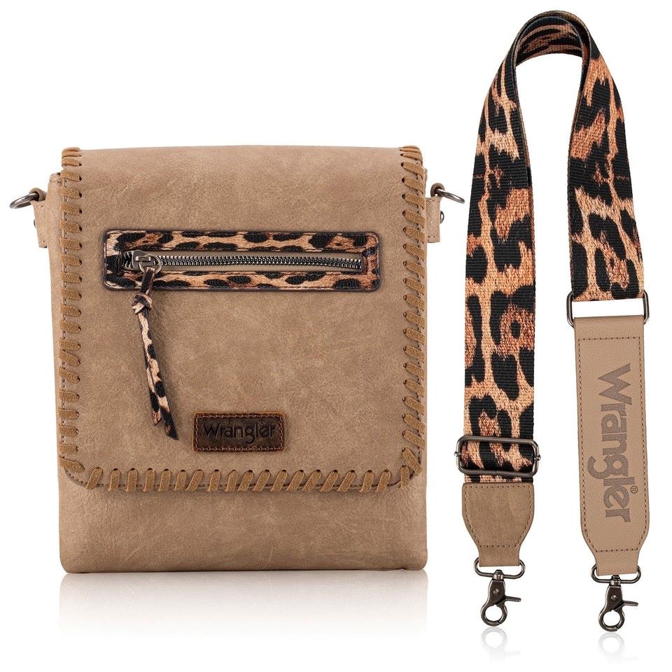 Wrangler Whipstitch Leopard Print Concealed Carry Western Crossbody Khaki