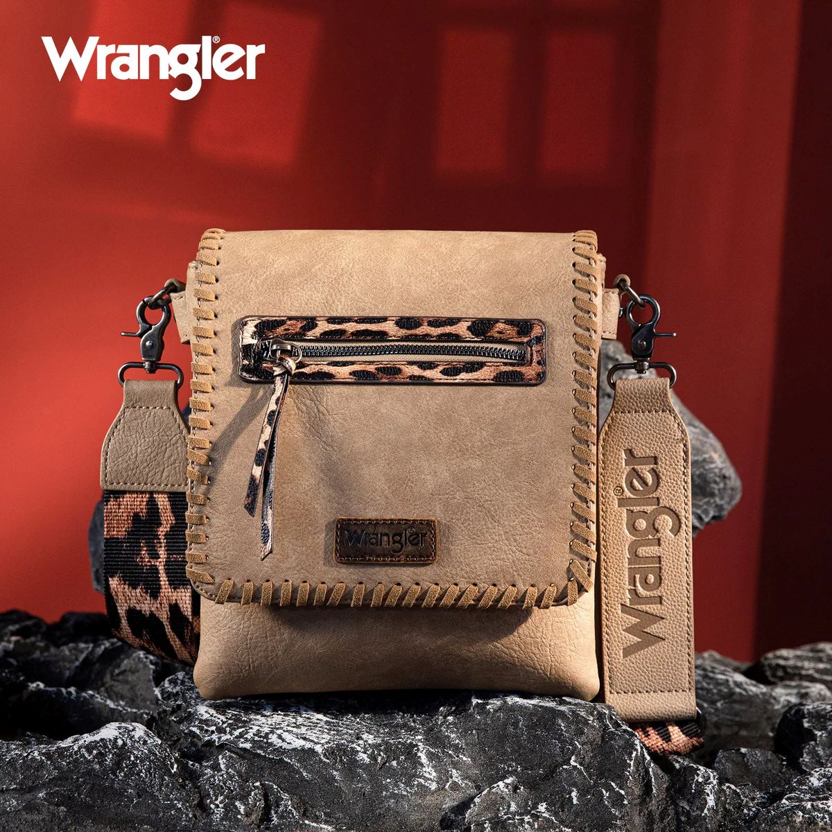 Wrangler Whipstitch Leopard Print Concealed Carry Western Crossbody Khaki