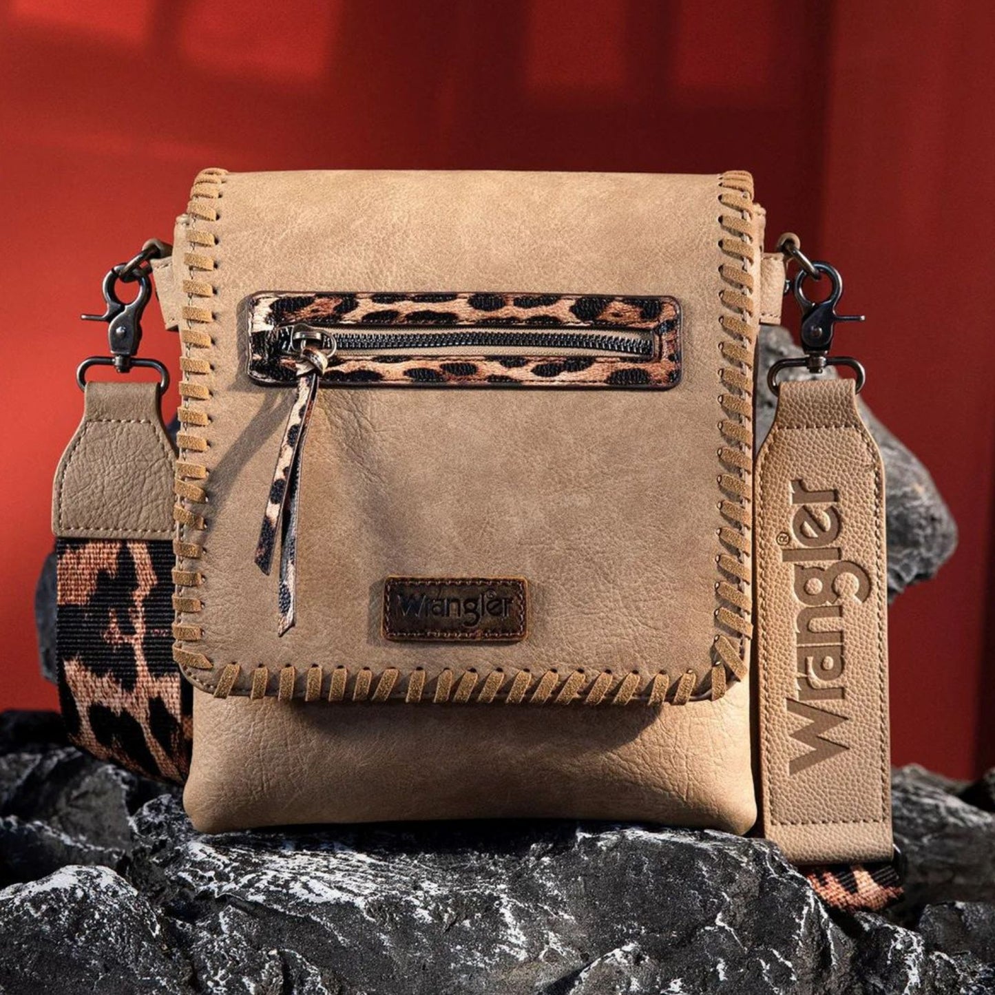 Wrangler Whipstitch Leopard Print Concealed Carry Western Crossbody Khaki