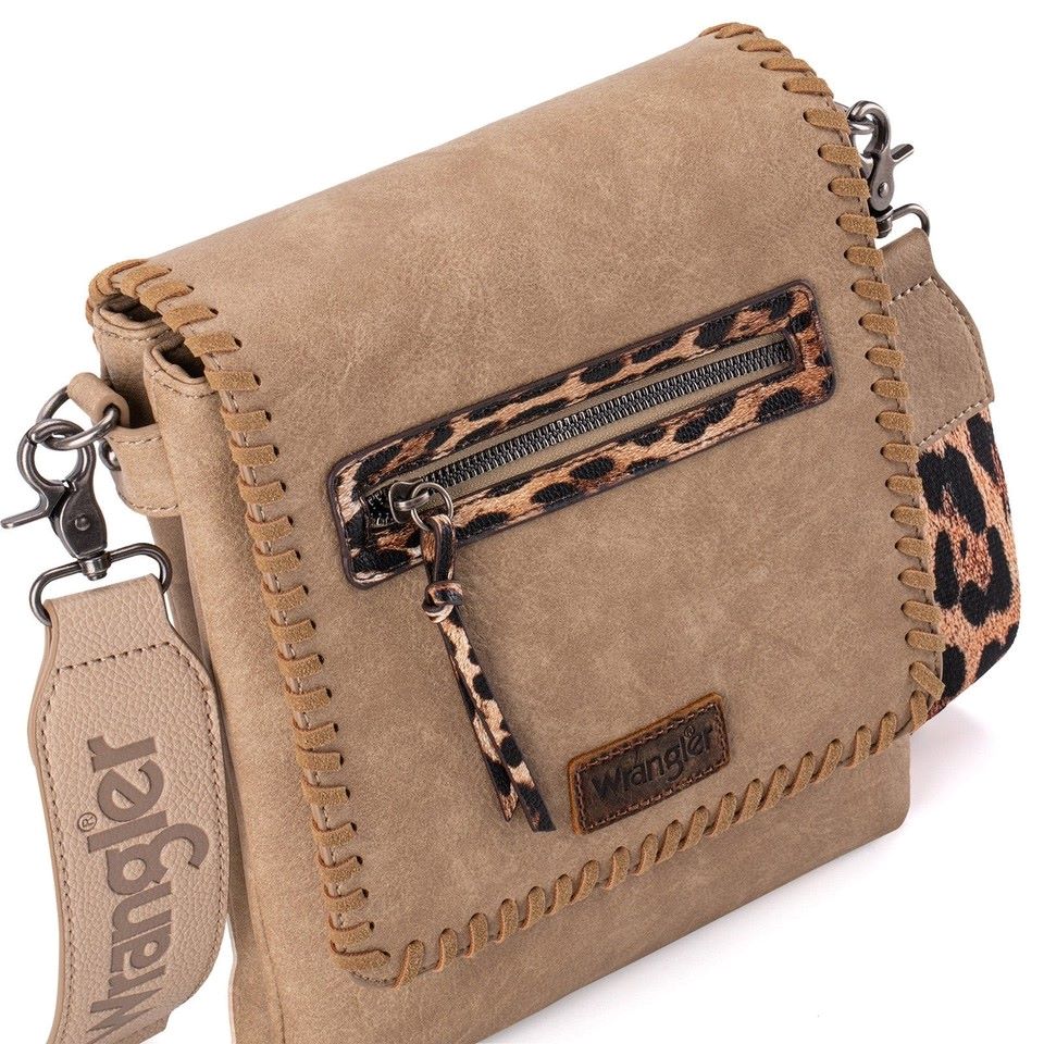 Wrangler Whipstitch Leopard Print Concealed Carry Western Crossbody Khaki