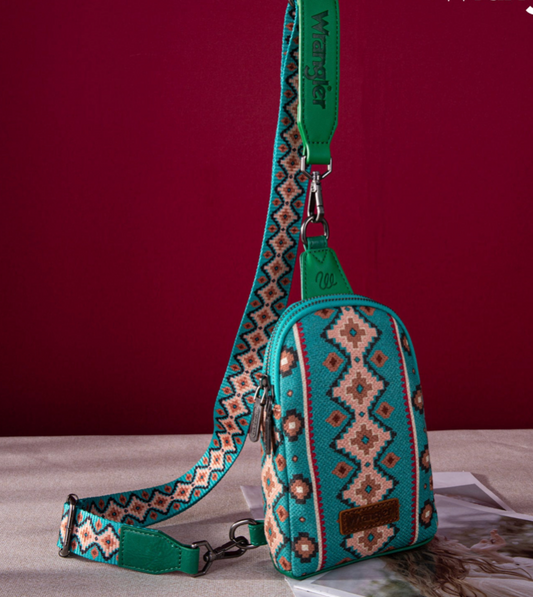 Wrangler Allover Aztec Dual Sided Print Sling Chest Bag Turquoise