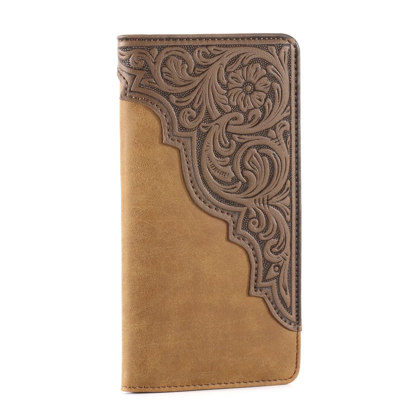 Floral Tooling Western Cowboy Men's Long Wallet Tan