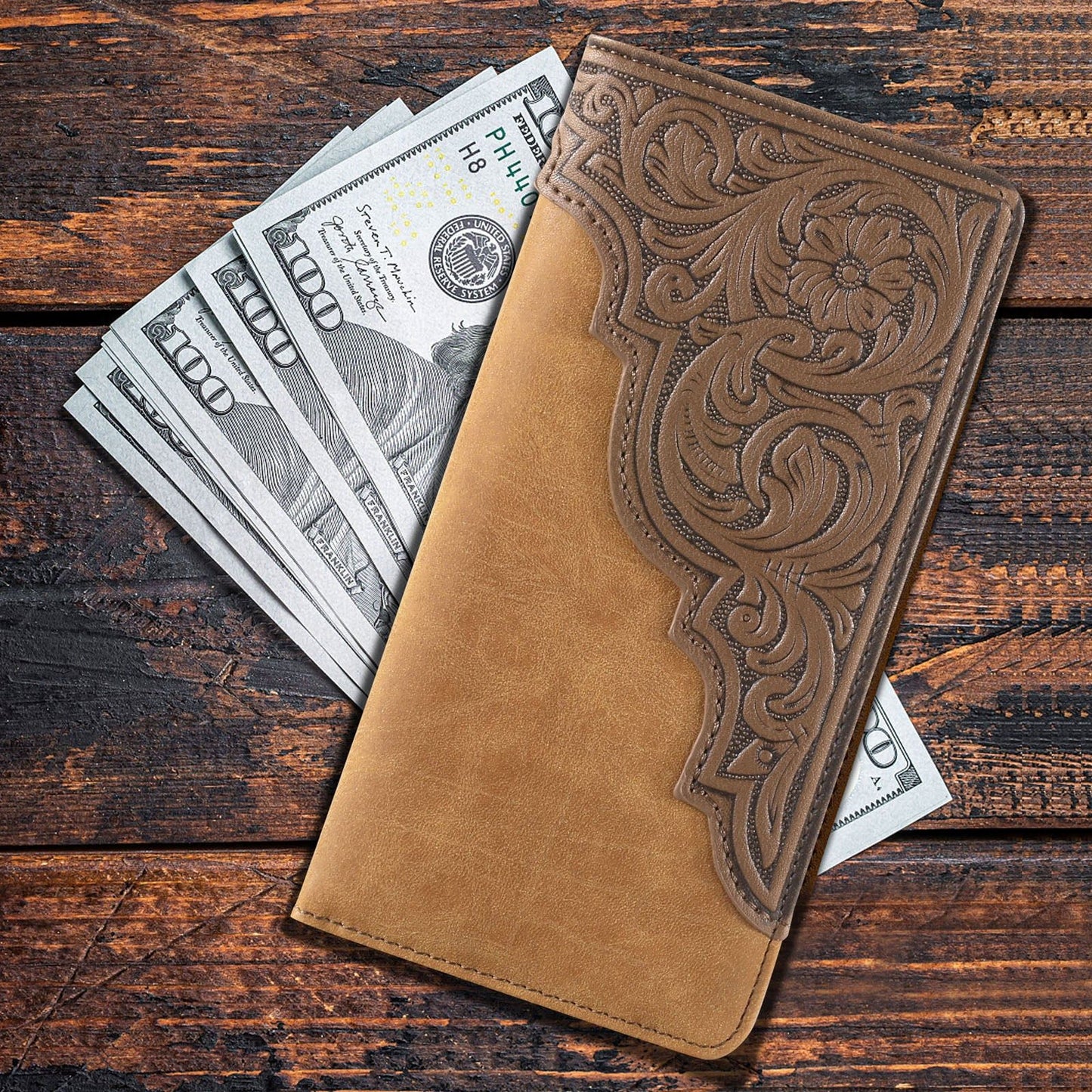 Floral Tooling Western Cowboy Men's Long Wallet Tan