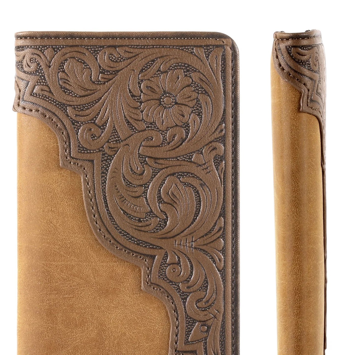 Floral Tooling Western Cowboy Men's Long Wallet Tan