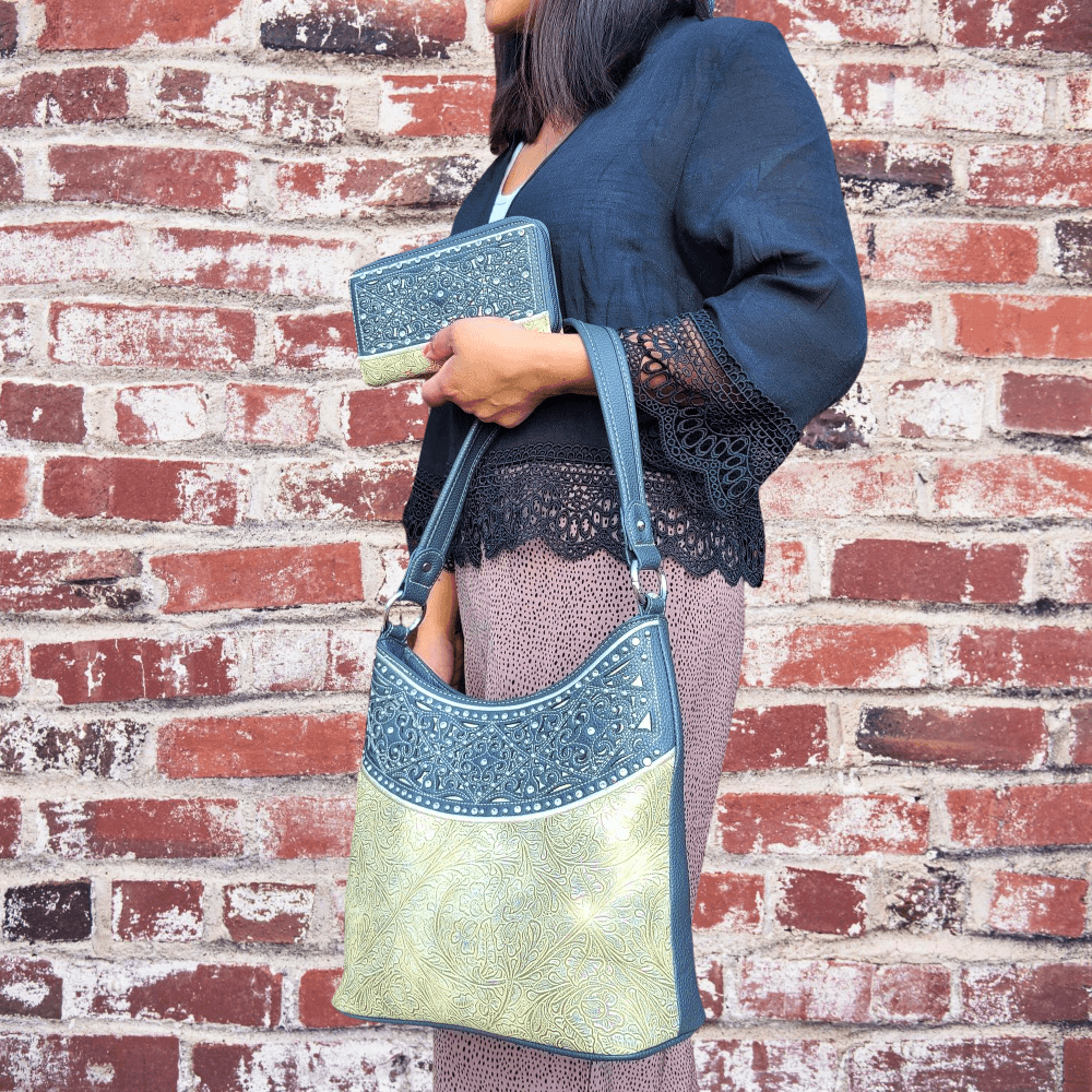 American Bling Floral Purse Matching Wallet Set Western Country Hobo Bag Gray-AB-G6215GY