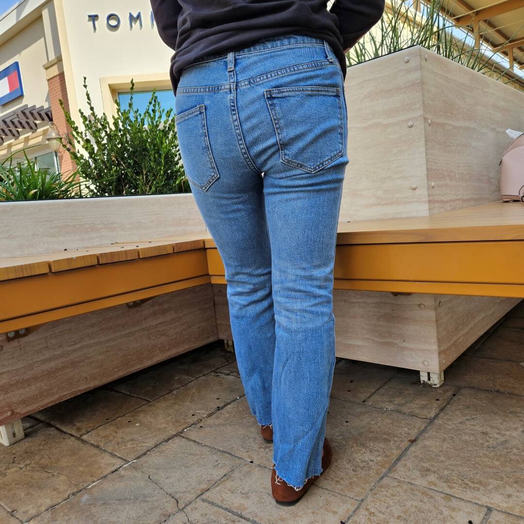 Popsugar Medium Wash Blue Denim Jeans Raw Hem High Rise Cropped Boot Cut Jeans-5