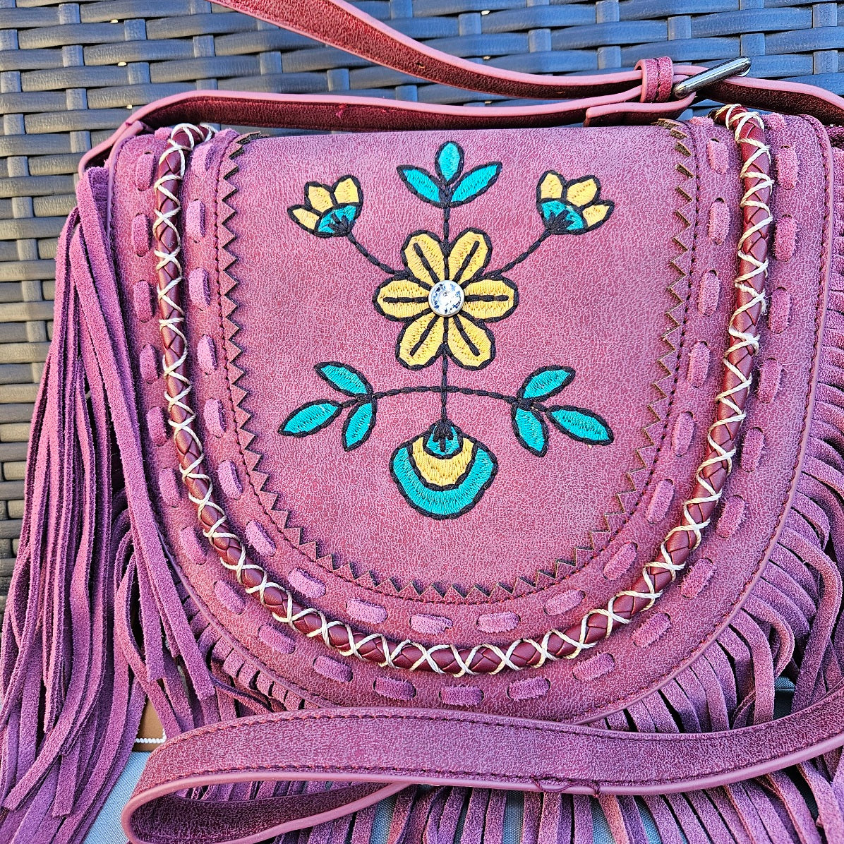 Wrangler Embroidered Floral Western Fringe Crossbody Bag Red