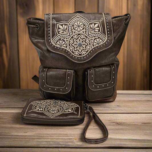 American Bling Concealed Carry Embroidery Floral Backpack & Wallet Coffee AB-7812WCF-3