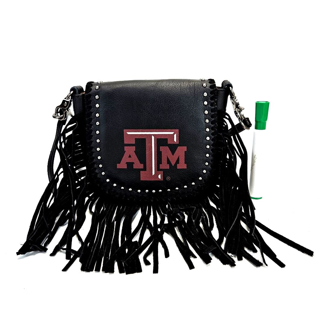 Montana-West-Texas-A&M-Leather-Fringe-Crossbody-Bag Black-AT-003-BK