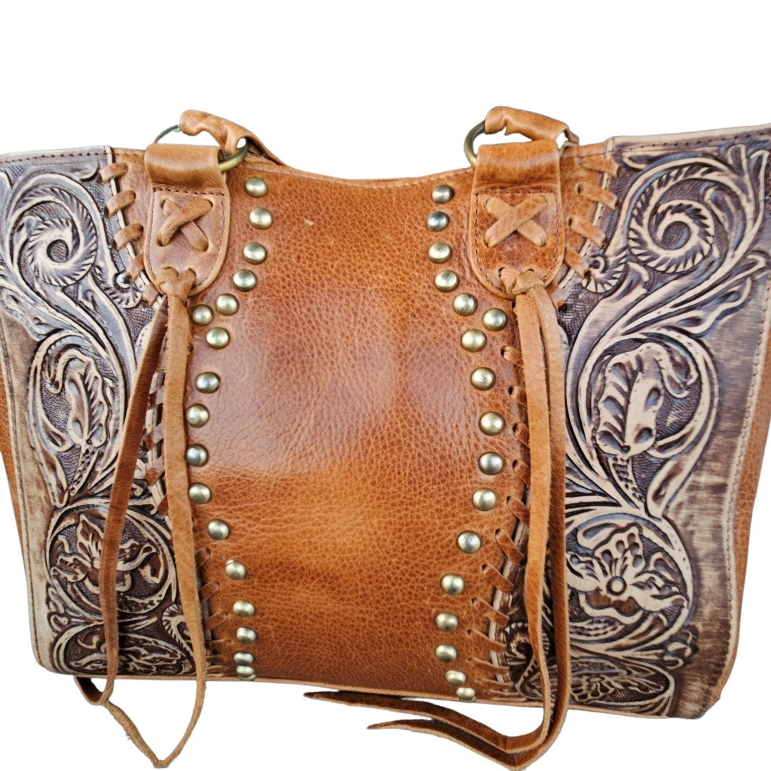 Lacing and Floral Tooling Purse Saddle Country Western Handbag Brown GS-S004BR-7