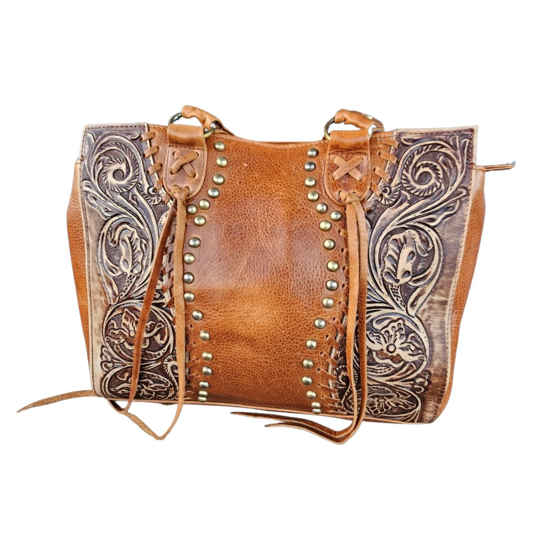 Lacing and Floral Tooling Purse Saddle Country Western Handbag Brown GS-S004BR-8
