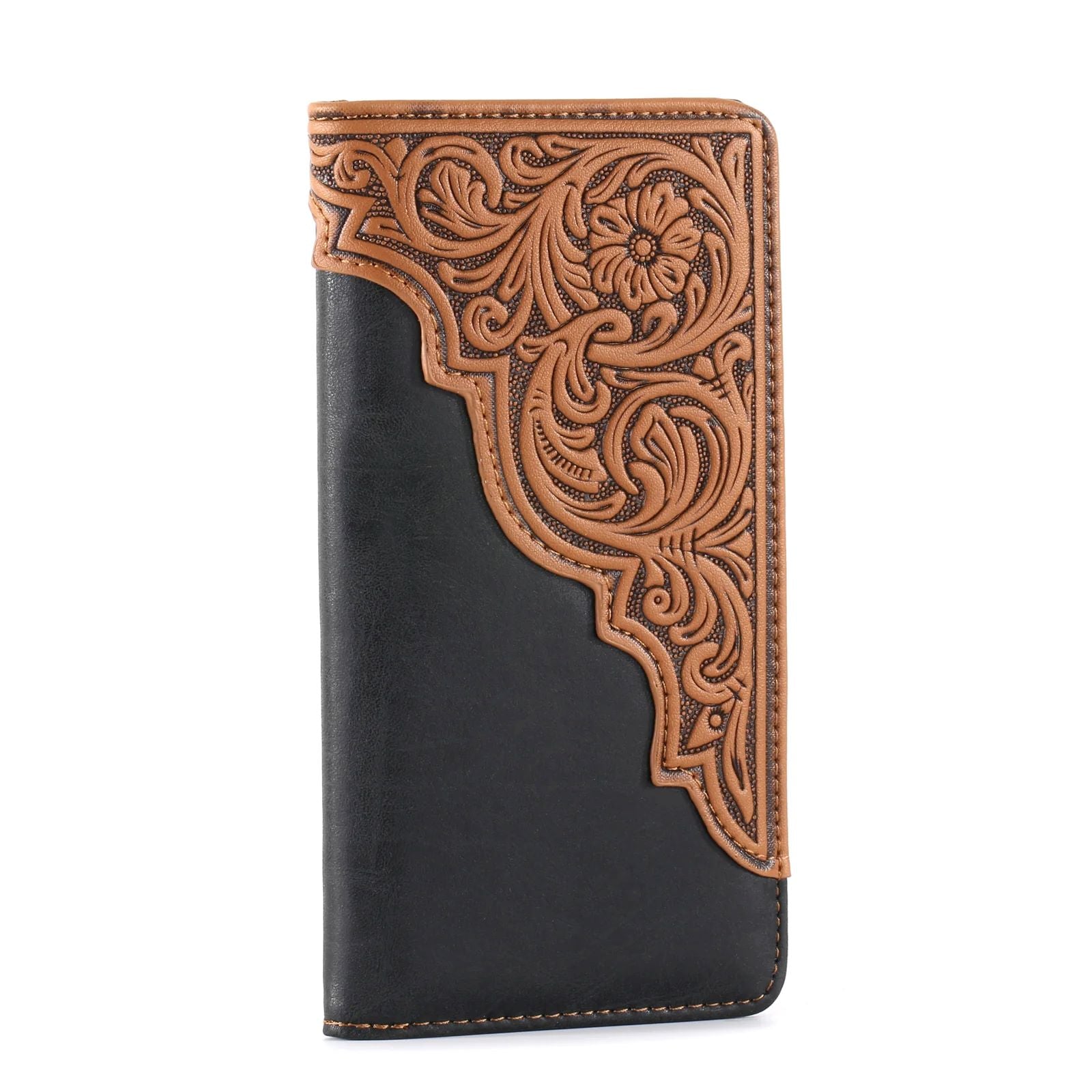 Embossed Floral Men's Bifold Long Faux Leather Wallet Black MW-612BK-1
