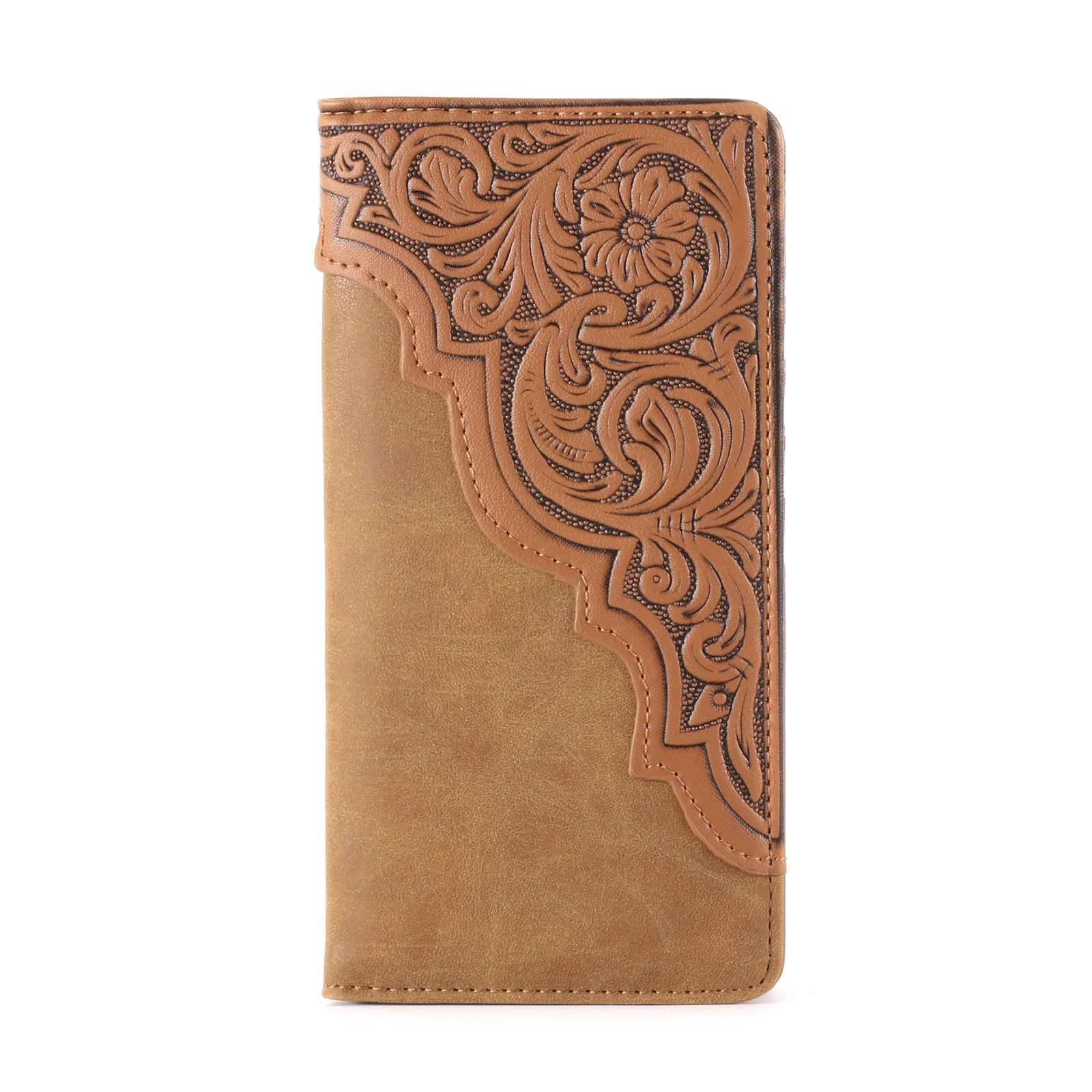 Embossed Floral Men's Bifold Long Faux Leather Wallet Brown MW-613BR-1