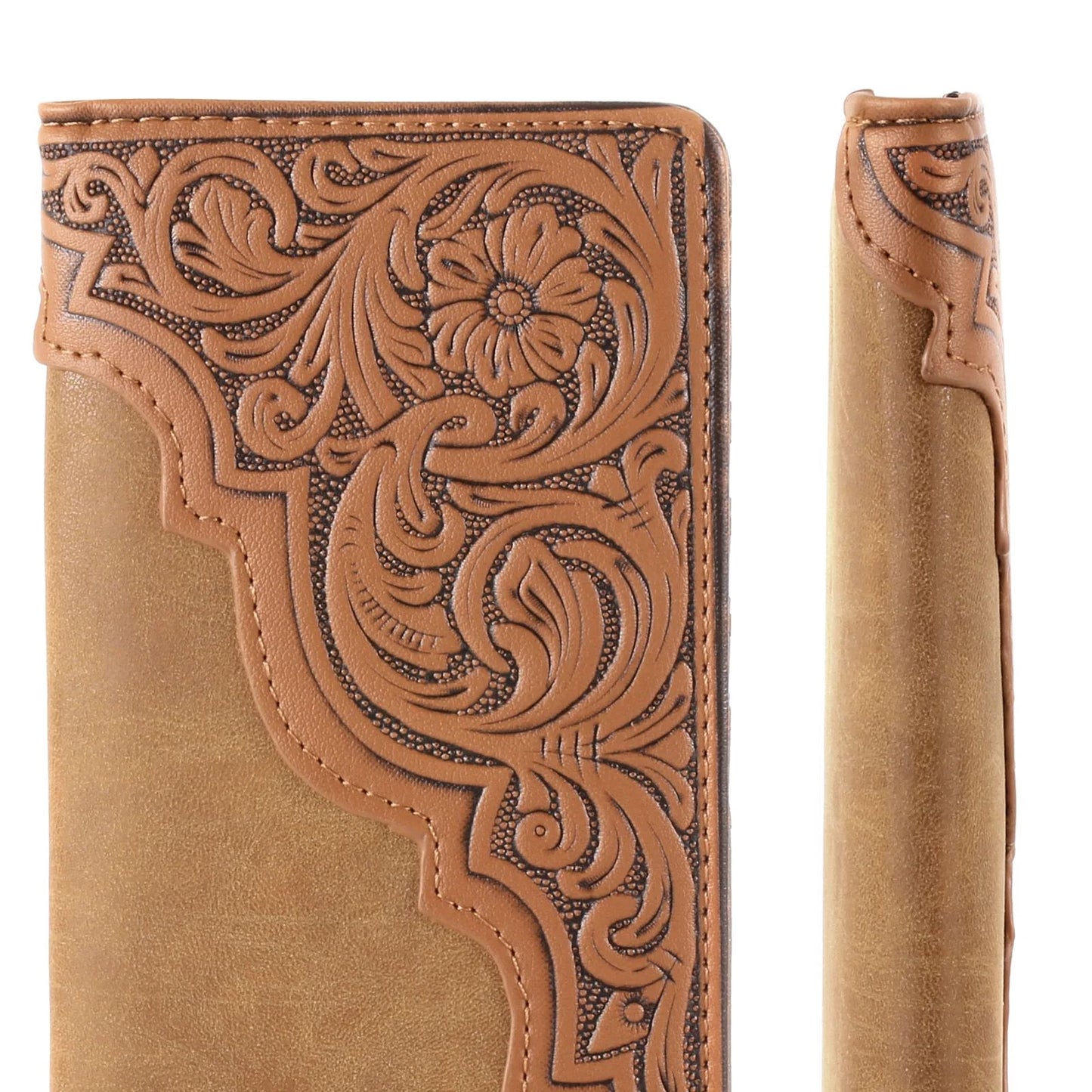 Embossed Floral Men's Bifold Long Faux Leather Wallet Brown MW-613BR-3