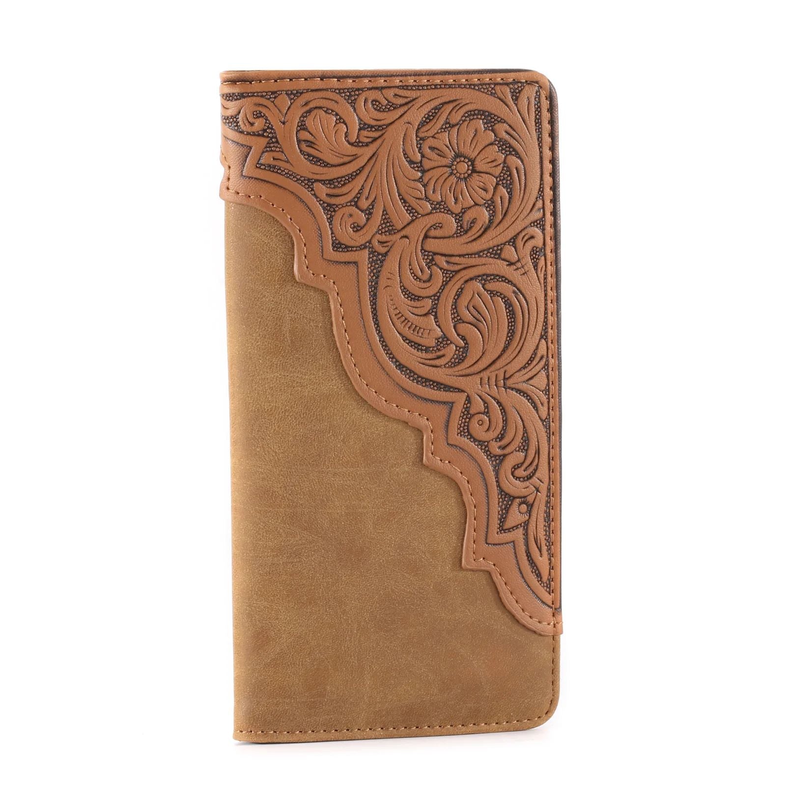Embossed Floral Men's Bifold Long Faux Leather Wallet Brown MW-613BR-7