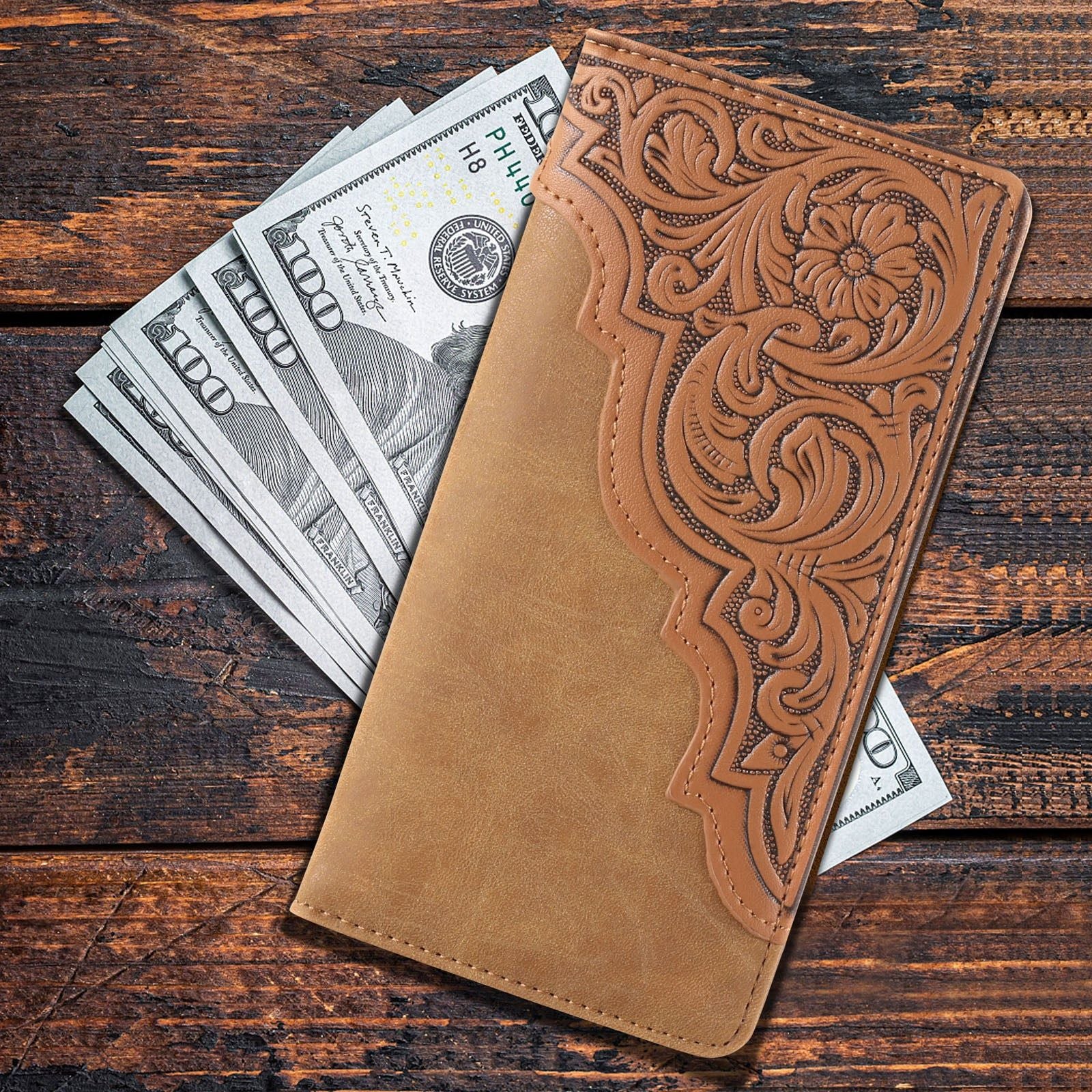 Embossed Floral Men's Bifold Long Faux Leather Wallet Brown MW-613BR