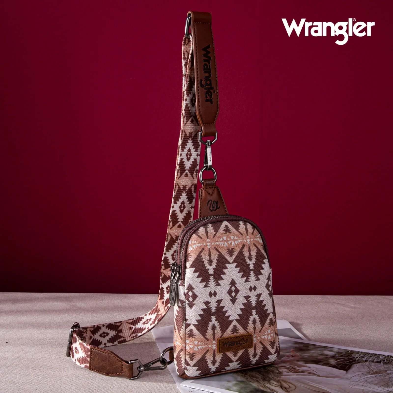 Wrangler-sling-crossbody-bag-aztec-print-light-coffee-front-view
