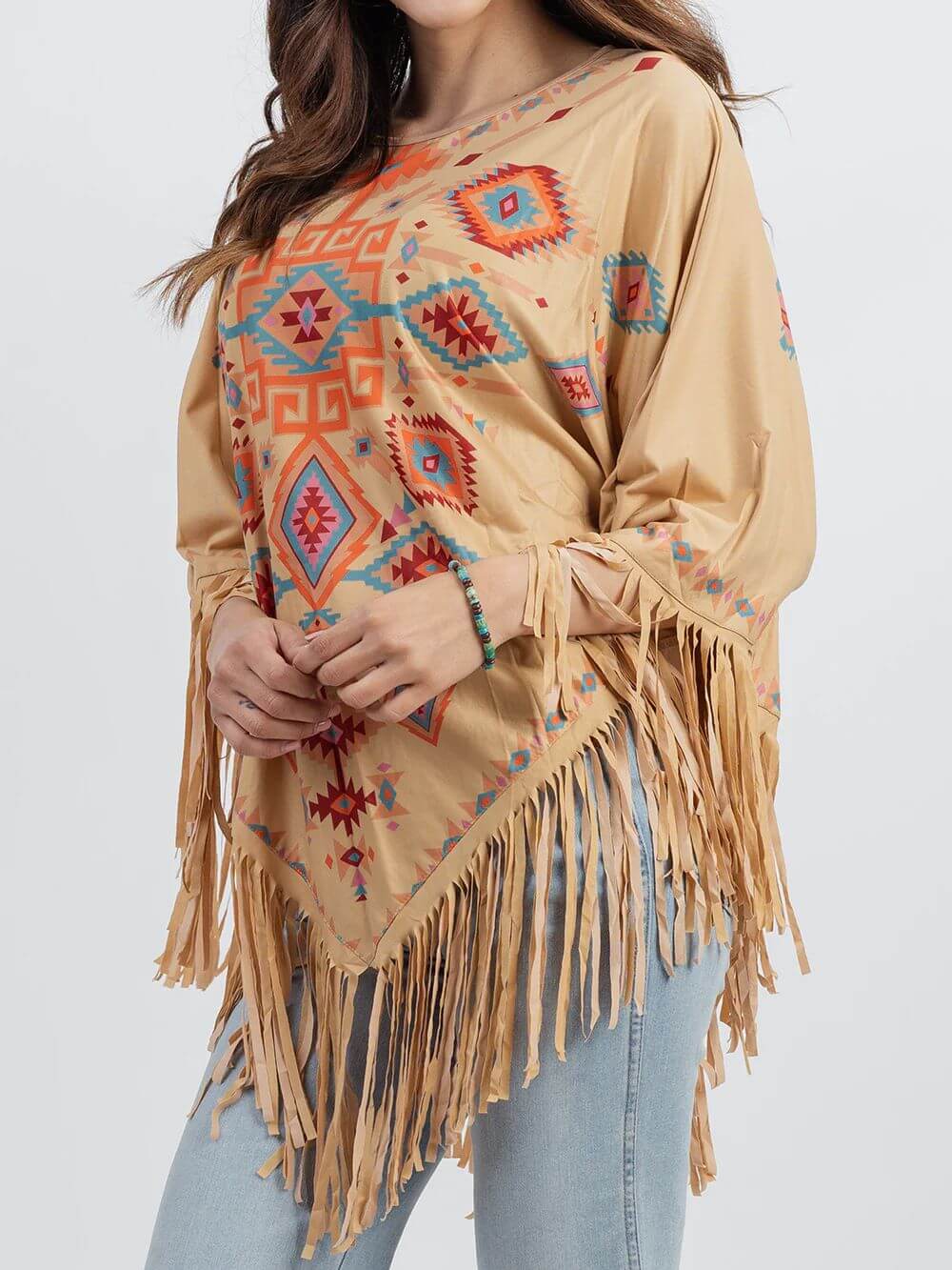 American Bling Aztec Shawl Cape Wraps For Women Fringe Poncho Tan PCH-1675TAN-1