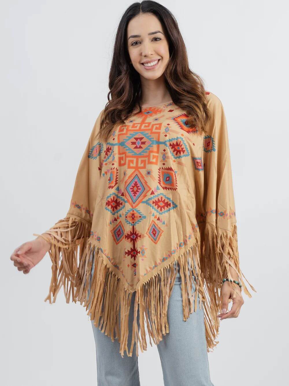 Montana West American Bling Aztec Collection Fringe Poncho Tan