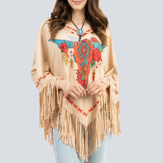 American Bling Floral Steer Skull Shawl Cape Wraps For Women Fringe Poncho PCH-1680TAN
