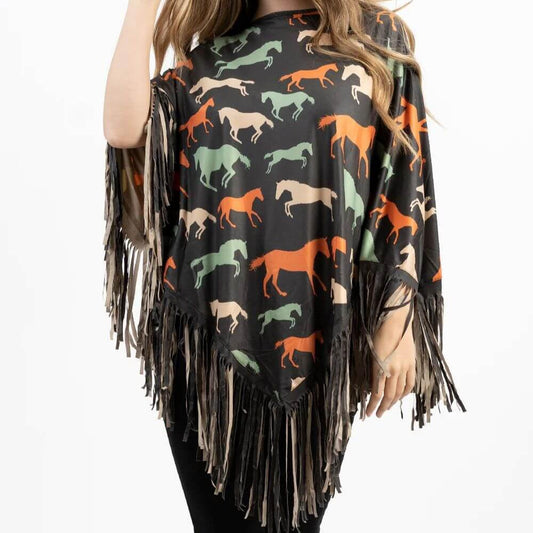 American Bling Running Horse Pattern Shawl Cape Wraps Women Fringe Poncho PCH-1707CF